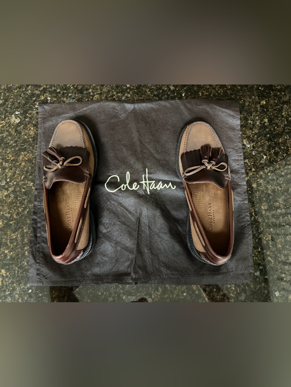 Cole Haan Two-Tone Brown Leather Kiltie Tassel Slip-Ons
